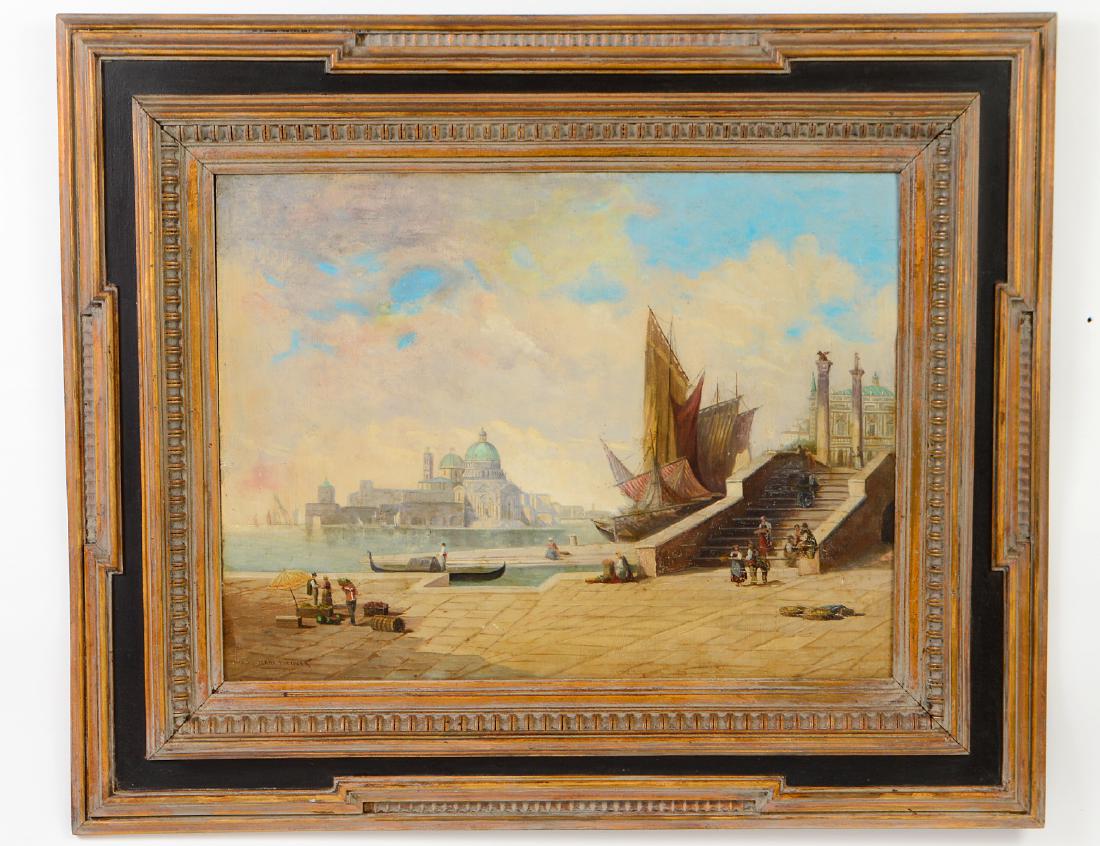 KARL HEINER (Austrian. 19th/20th Century): "A View of Venice". Signed l/l. Oil on Board. Measuring 18" by 24". In a baroque style frame. (Cond: surface dirty, some edge rubbing to board, needs cleaning)