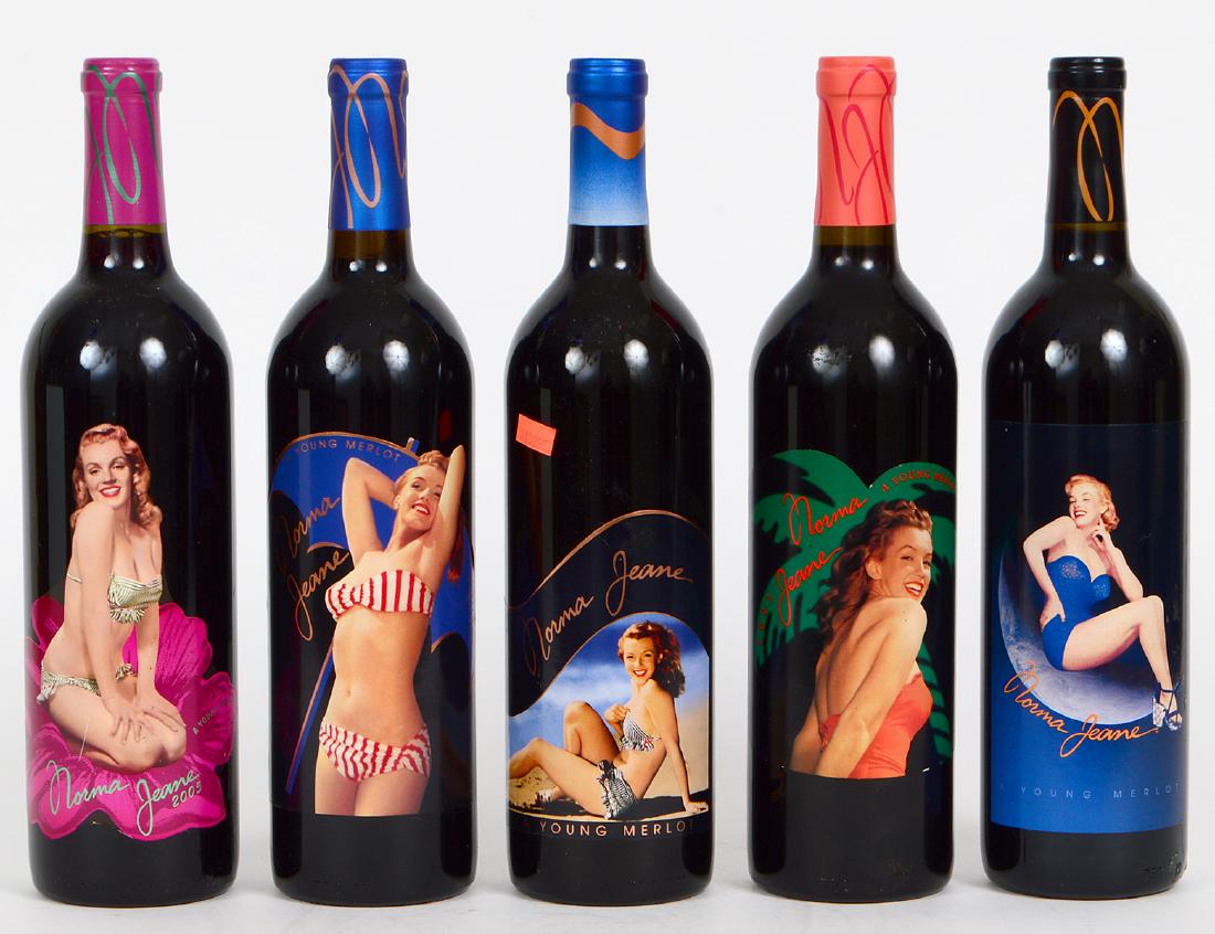 FIVE COLLECTIBE BOTTLES OF NORMA JEAN MERLOT: Comprising the years; 2000, 2002, 2003, 2005 and 2009.