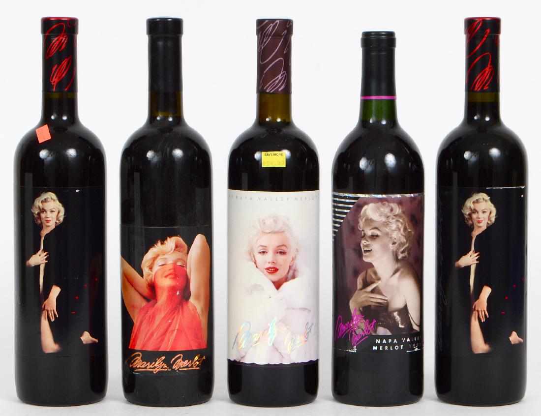 FIVE COLLECTIBLE BOTTLES MARILYN MERLOT: Comprising the years: 1991, 1995, 1997 and two of 1999.