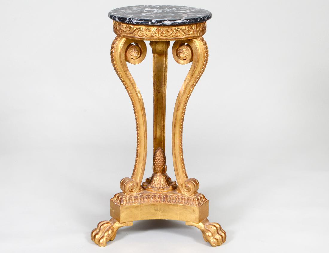 NEO-CLASSICAL STYLE MARBLE TOP GILTWOOD GUERIDON: With three scrolled legs carved with beads, on a plinth with paw feet. Height 35". Diameter 15". (Cond: good)