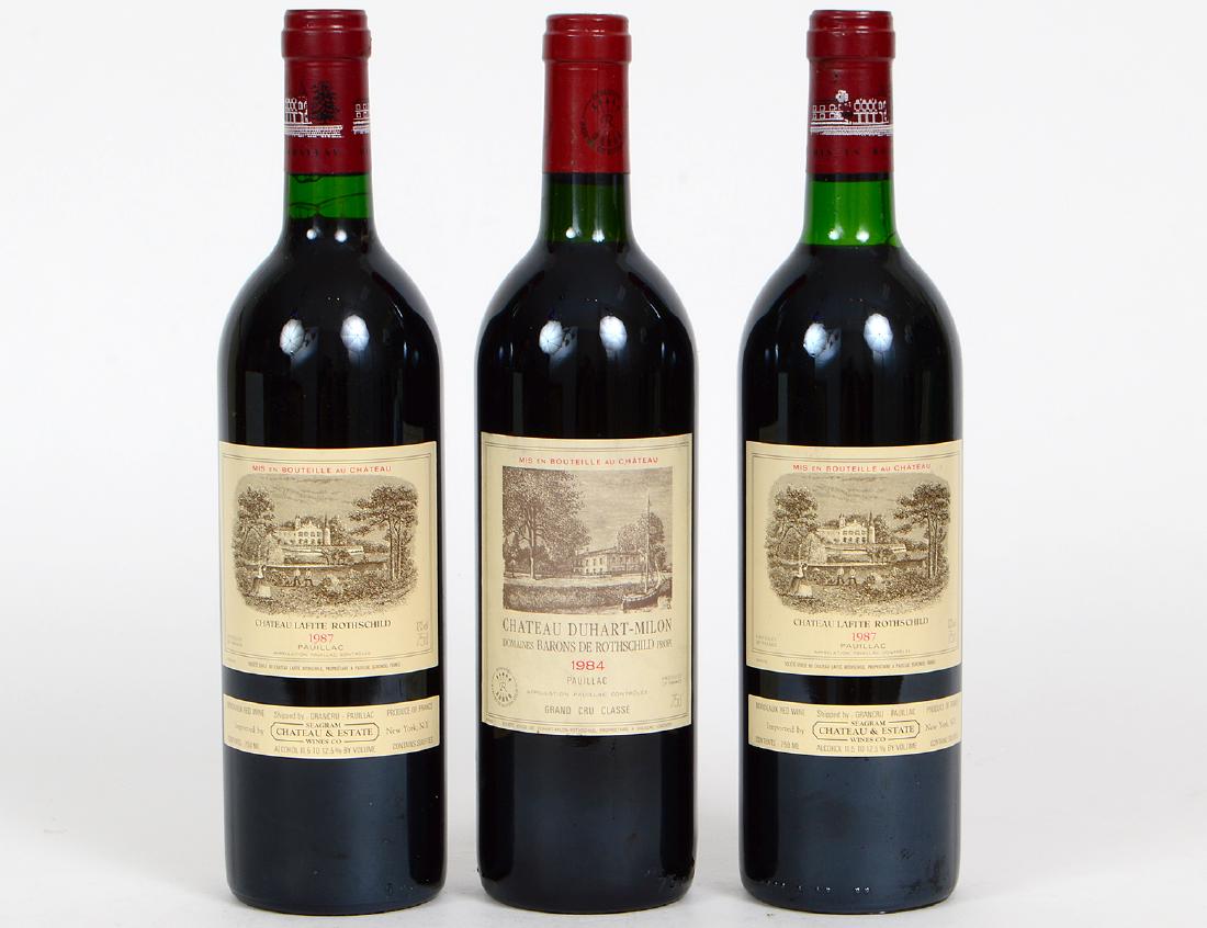 THREE BOTTLES OF FRENCH VINTAGE RED WINE: Comprising: two 1987 Chateau Lafite Rothschild Pauillacs, and a 1984 Chateau Duhart-Milon, Grand Cru Classe.