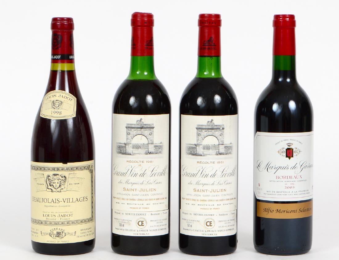 FOUR BOTTLES OF FRENCH RED WINE: Comprising: two 1981 Grand Vin de Leoville du Marquis de Las Cases, Saint-Julien Bordeaux, a 2005 Marquis de Garraud, Bordeaux, and a 1998 Louis-Jardot Beaujolais-Village.