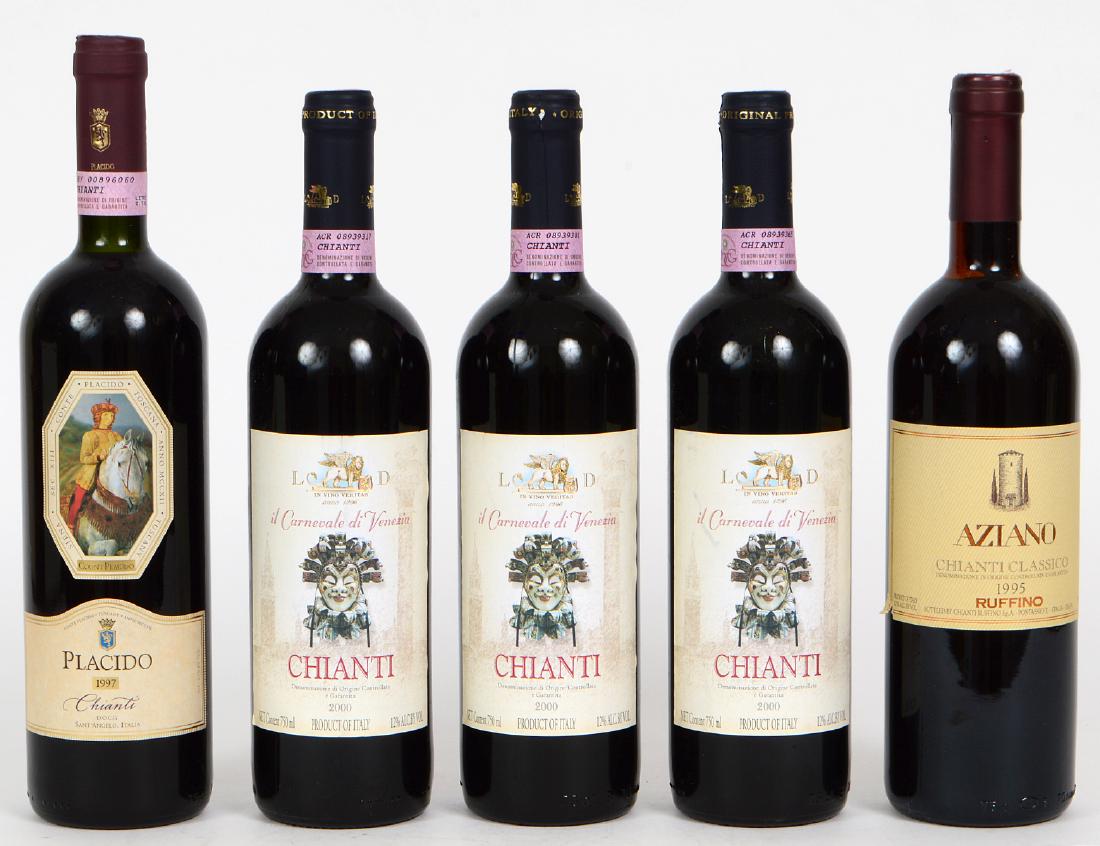 FIVE BOTTLES OF ITALIAN CHIANTI: Comprising: a 1995 and 1997 vintage and three bottles of 2000 vintage.