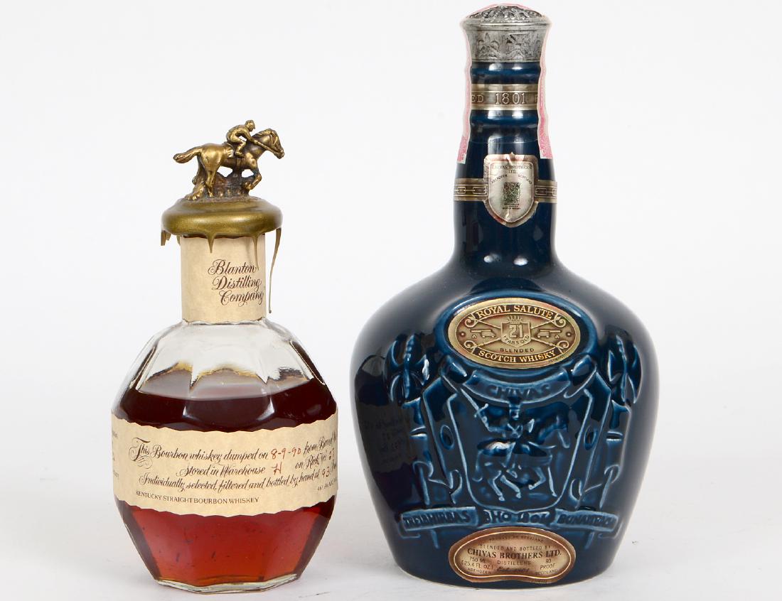 BLANTON KENTUCKY BOURBON & CHIVAS ROYAL SALUTE SCOTCH: The first dumped on 8/9/1990, from barrel No. 472; the second, in a Spode blue glazed bottle.