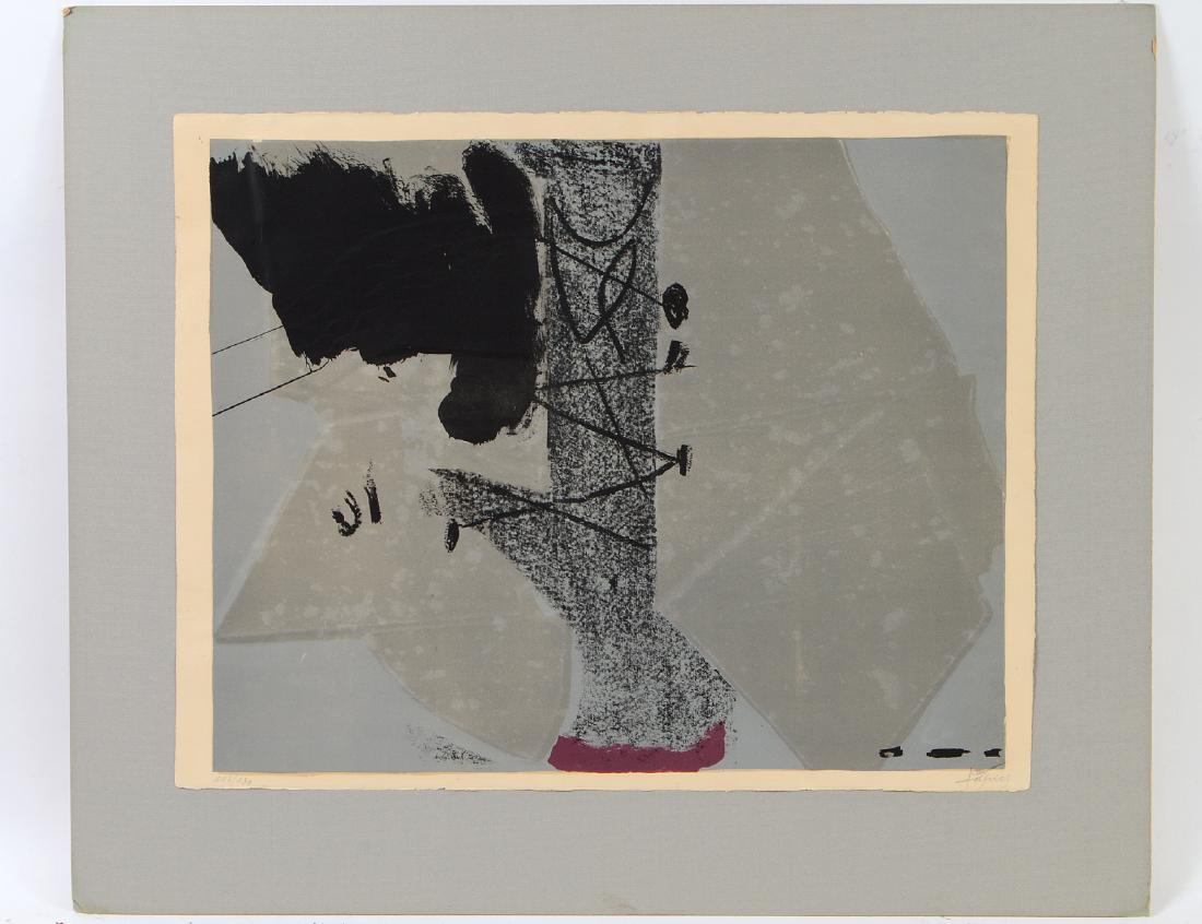 ANTONIO TAPIES (Spanish. 1923-2012): "Untitled". Signed in pencil l/r and numbered 112/130. Color Lithograph. Image measuring 18" by 22 1/2"; sheet 19 1/4" by 24 1/2". Unframed. (Cond: corner mounted to a mat board, some toning)