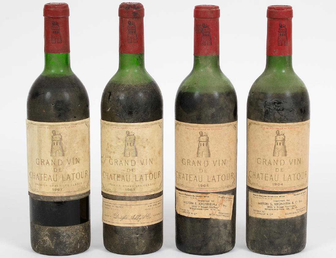 FOUR FRENCH CHATEAU LATOUR RED WINE BOTTLES: Consisting of Two 1964 Bottles and Two 1967 Bottles. Provenance: Estate of Jan West, Palm Beach, Florida.