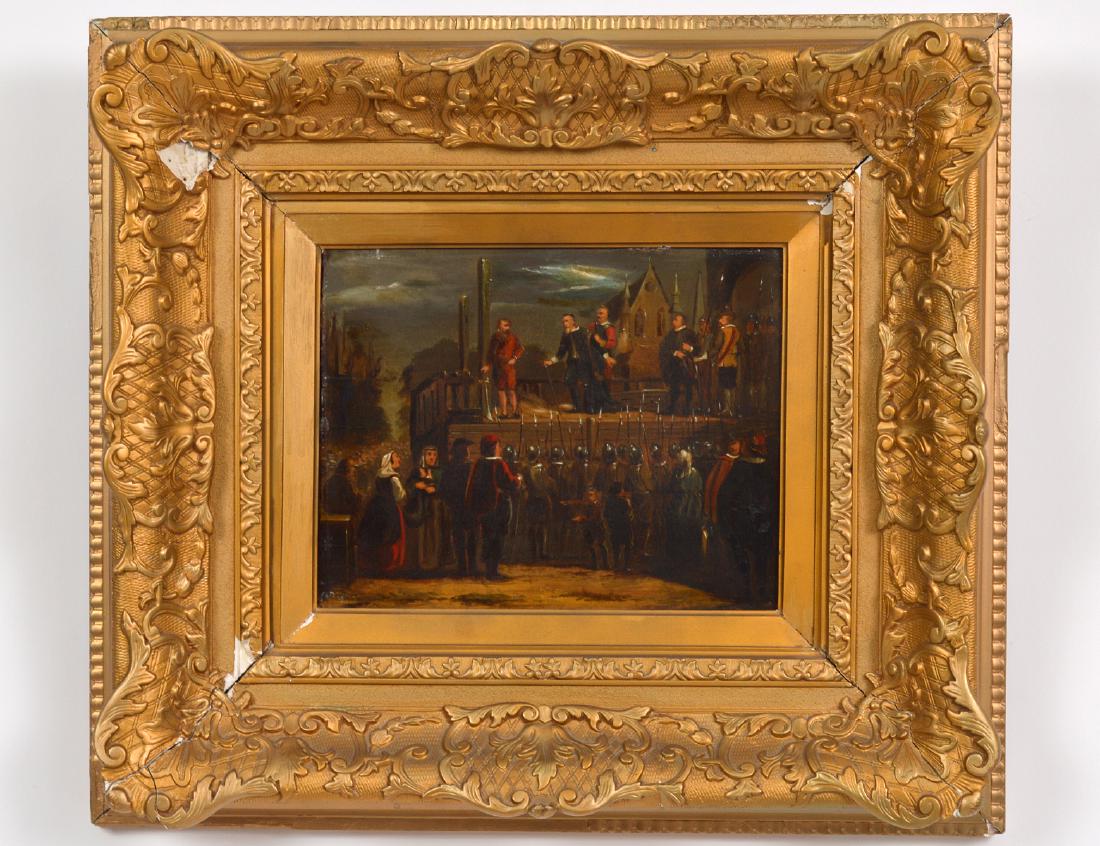 DUTCH SCHOOL (19th Century): "Execution Scene with Figures". No visible signature. Oil on Panel. Measuring 8 1/2" by 10 3/4". In an antique gesso cast gold rococo style frame with losses.