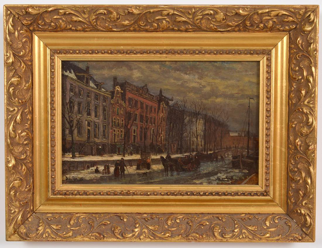DUTCH SCHOOL (20th Century): "Winter City Scene with Skaters and Travelers on Frozen Canal". Signed "B. C. Noltee" l/l. Oil on Panel. Measuring 7" by 11". Framed. (Cond: surface has old varnish) Provenance: Estate of Jan West, Pa