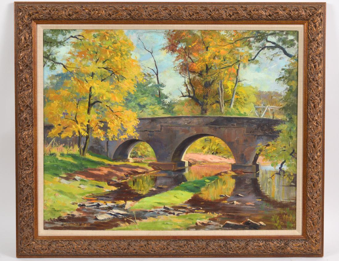 RANULPH BYE (American. 1916-2003): "Footbridge in a Park Landscape". Signed l/l. Oil on Canvas. Measuring 22" by 28". Framed. (Cond: good)