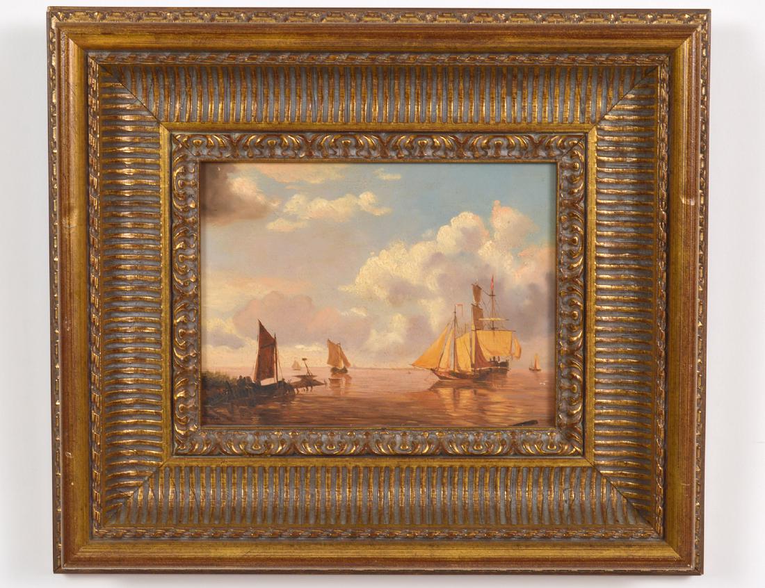 DUTCH SCHOOL (20th Century): "Seascape with Boats". Monogrammed "A.K." l/l. Oil on Panel. Measuring 7 1/8" by 9 1/2". Framed. Provenance: Estate of Jan West, Palm Beach, FL