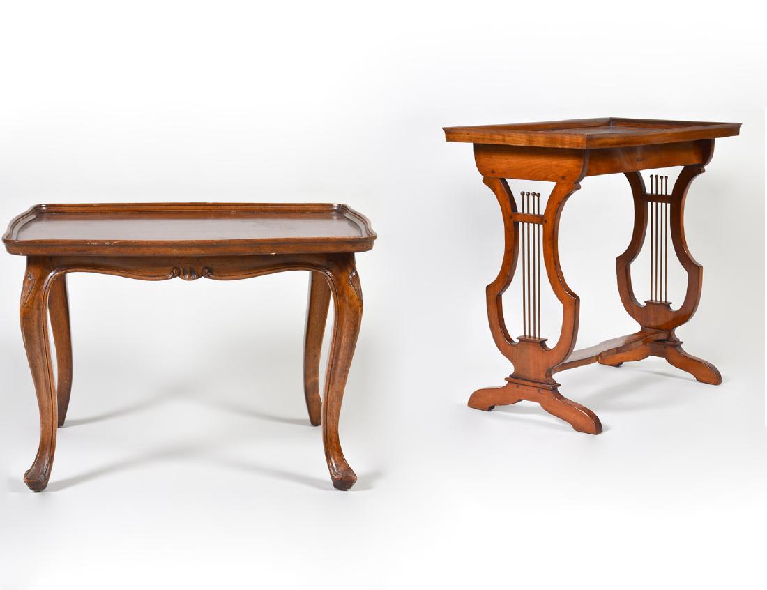 LOUIS XVI STYLE MAHOGANY VIDE POCHE: Modern. The rectangular top with a raised edge, on lyre supports, joined by a shaped stretcher, on arched scrolled feet. Together with a mahogany low table. (2 pcs) Height 26". Width 26 1/2". Depth 16