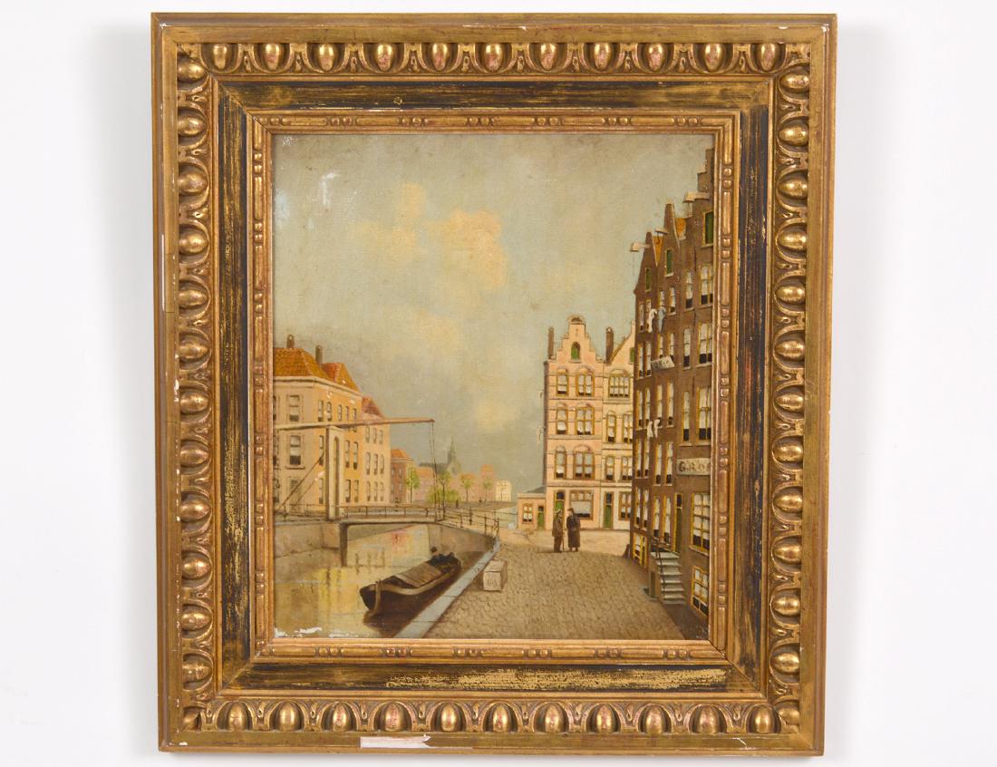 DUTCH SCHOOL (Early 20th Century): "Canal Scene with Buildings and Two Figures on a Cobblestone Street". Indistinctly signed l/r. Oil on Canvas. Measuring 14" by 12". Antique gesso cast egg and dart motif frame with losses. (Cond: old