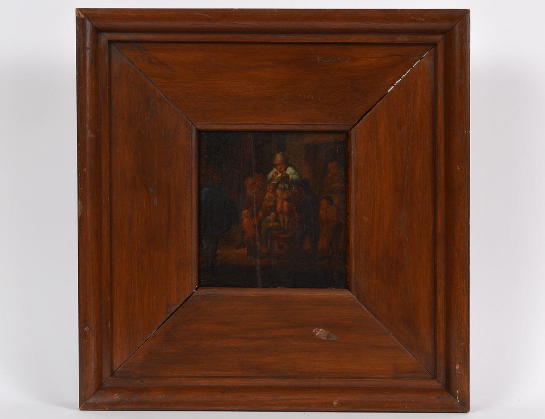 DUTCH SCHOOL OIL ON PANEL PAINTING: A Scene with Figures on a Street. No visible signature. Oil on Panel. Measuring 7 3/8" by 6 3/4". Wood frame. (Cond: panel with overall crazing, dark varnish, possible repair to split in panel)