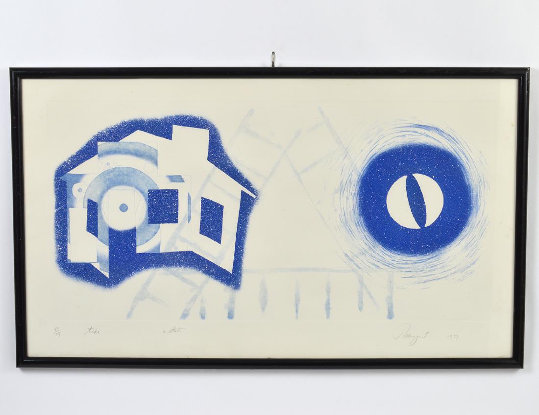 JAMES ROSENQUIST (American. Born 1933): Tide. Signed, dated 1979, titled and numbered 60/78 in pencil in the lower margin. Etching and Aquatint in Colors. Image measuring 17 3/4" by 36". Sheet measuring 23" by 40". Framed. (Cond: good)