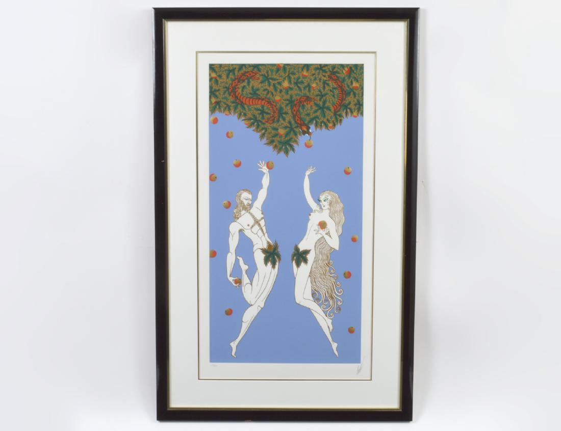ROMAIN DE TIRTOFF ERTE (Russian/French. 1892-1990): Adam and Eve. Circa 1982. Signed and numbered 217/300 in pencil in the lower margin. Serigraph. Image measuring 30" by 15 1/4". Has margins. Sight measuring 33" by 17 1/2". Framed behind glass. Proven