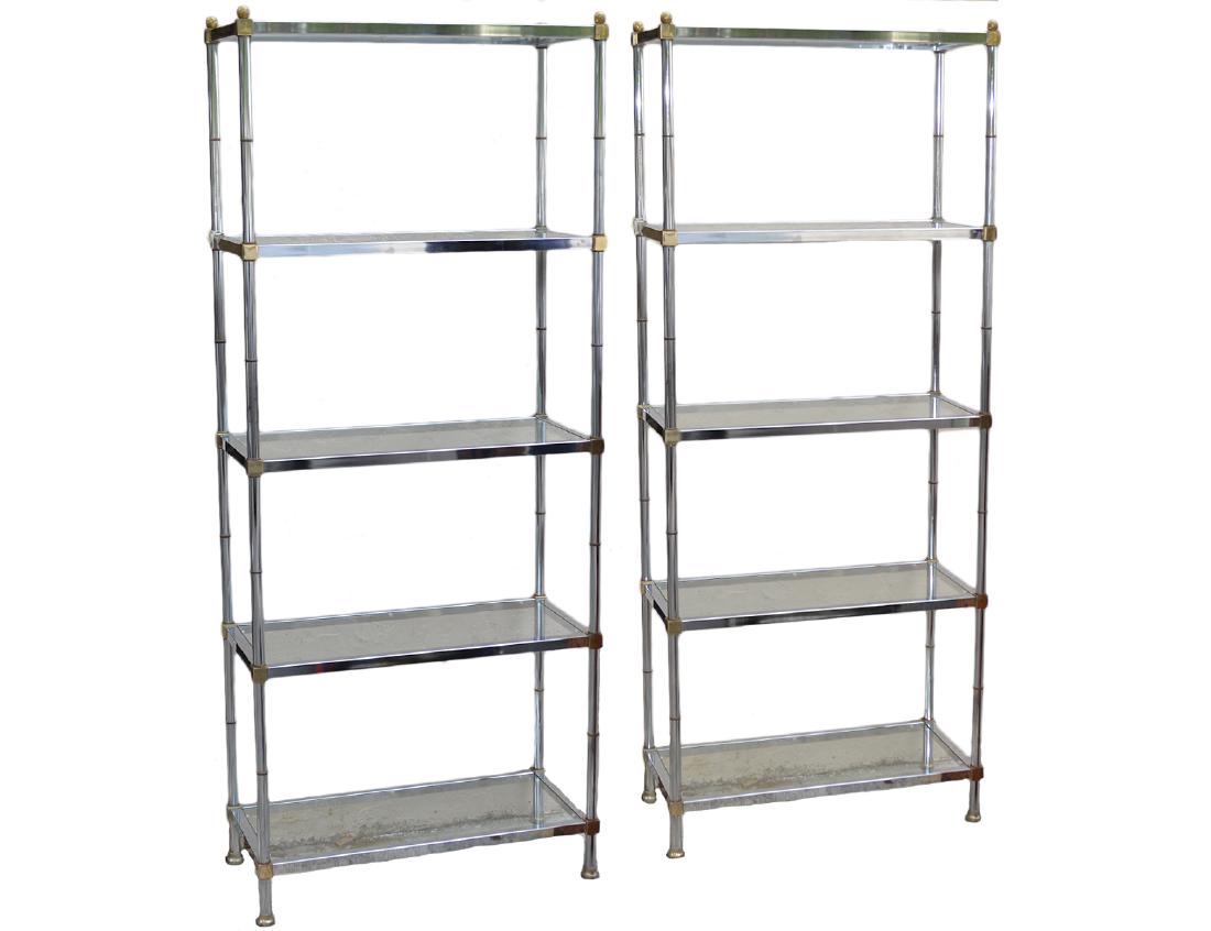 PAIR OF VINTAGE CHROME & GLASS FIVE-TIER ETEGERES: Of typical form, with brass fittings. Height 75”. Width 30”. Depth 14 ½”. (Cond: good)