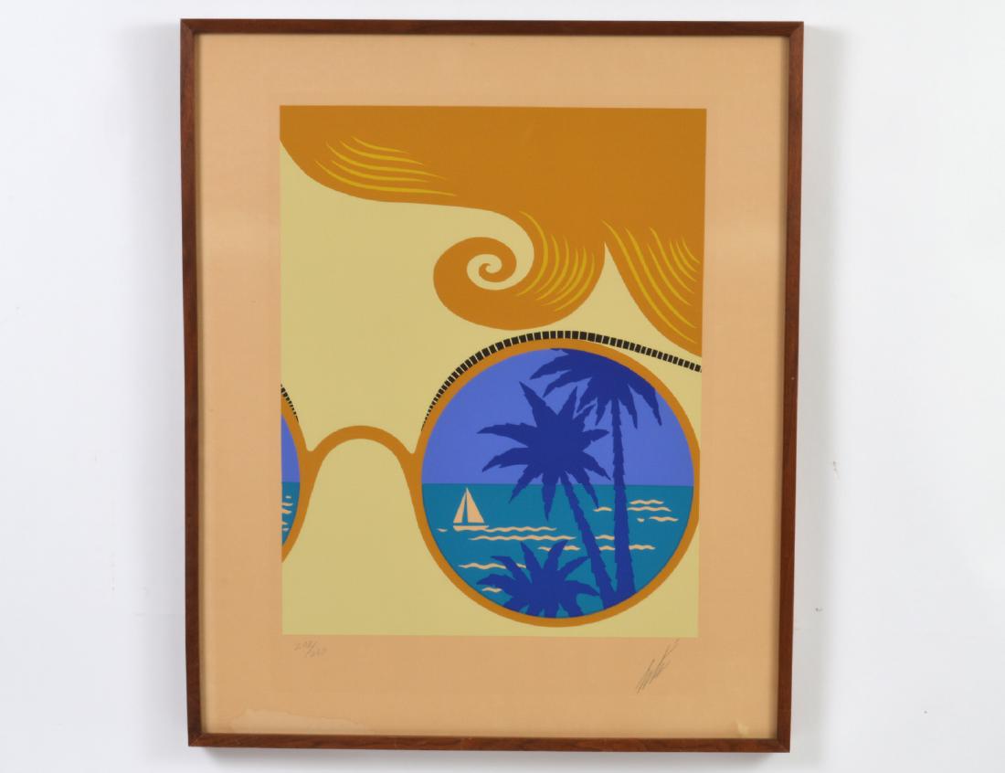 ROMAIN DE TIRTOFF ERTE (Russian/French. 1892-1990): Winter Resort, Nice. Circa 1974. Signed and numbered 208/260 in pencil in the lower margin Color Serigraph. Image measuring 21 1/2" by 17". Sight measuring 28 1/2" by 23 1/2". Circle Galleries Blindst