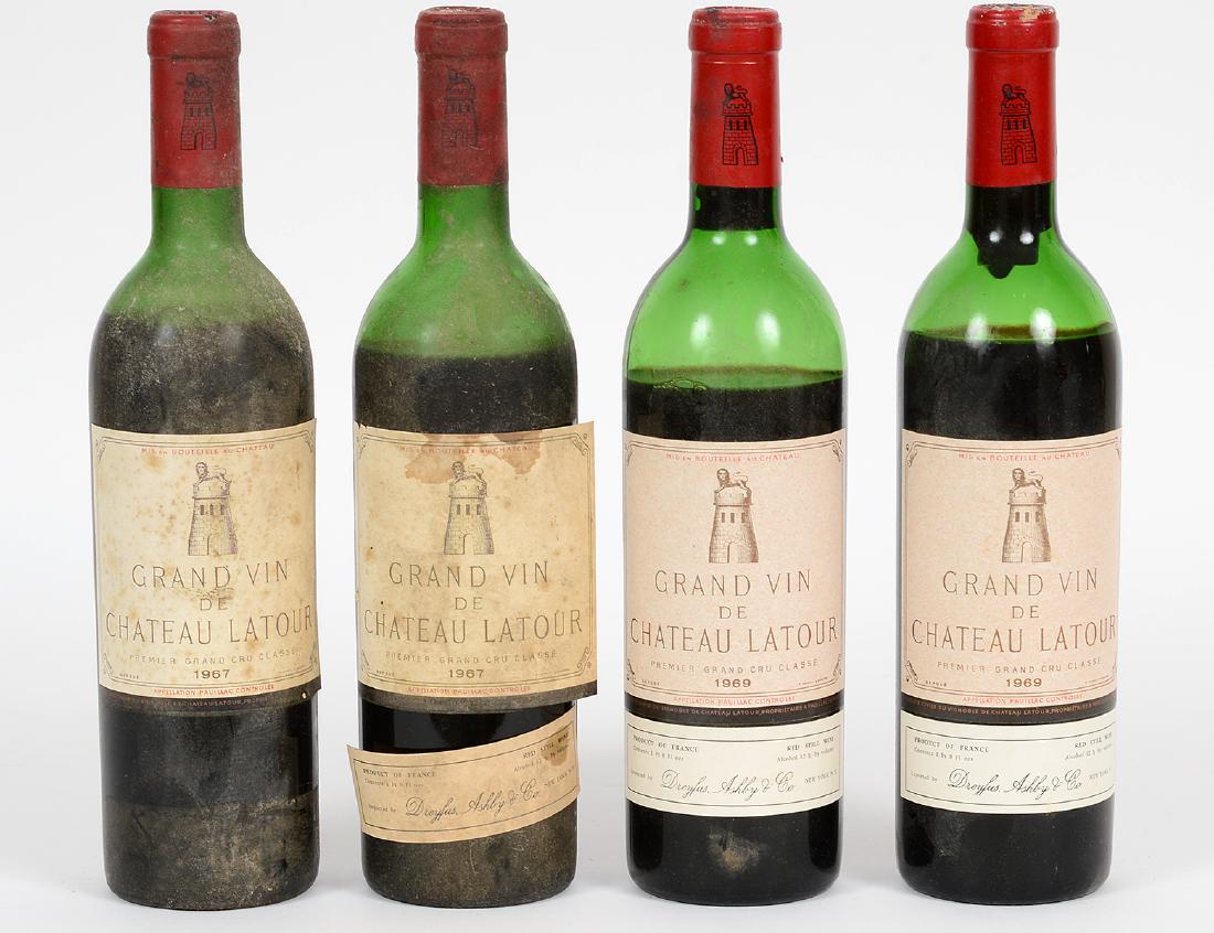 FOUR FRENCH CHATEAU LATOUR RED WINE BOTTLES: Consisting of Two (2) 1967 Bottles and Two (2) 1969 Bottles. Provenance: Estate of Jan West, Palm Beach, Florida.