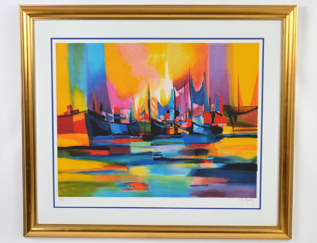 MARCEL MOULY (French. 1918-2008): Boats in a Harbor. Signed and numbered 5/300 in pencil lower margin. Color Lithograph. Sight measuring 26 1/2" by 32 1/2". Has margins. Framed behind glass.