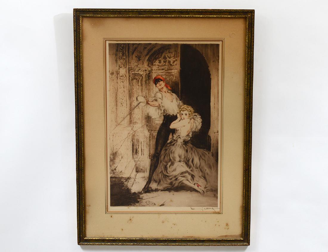 LOUIS ICART (French. 1880-1950): “Don Juan”. Signed l/r. Edition D'Art 23 Rue Lavoisier Paris. Copyright 1928. Windmill blindstamp l/l. Drypoint Color Etching. Measuring 20” by 13”. Framed under glass. (Cond:
