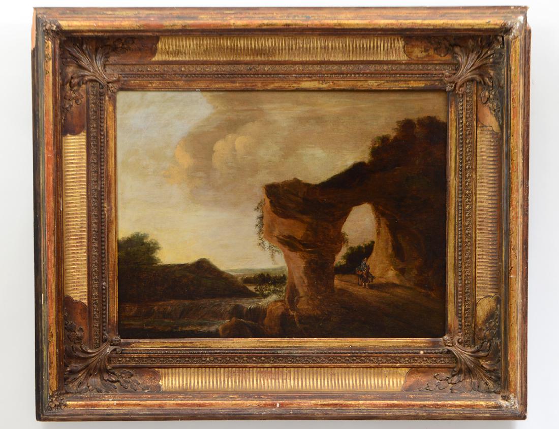 CONTINENTAL SCHOOL 18th CENTURY OIL ON PANEL: “The Flight into Egypt”. No visible signature. Measuring 18 1/4” by 24”. Framed. (Cond: darkening of varnish)