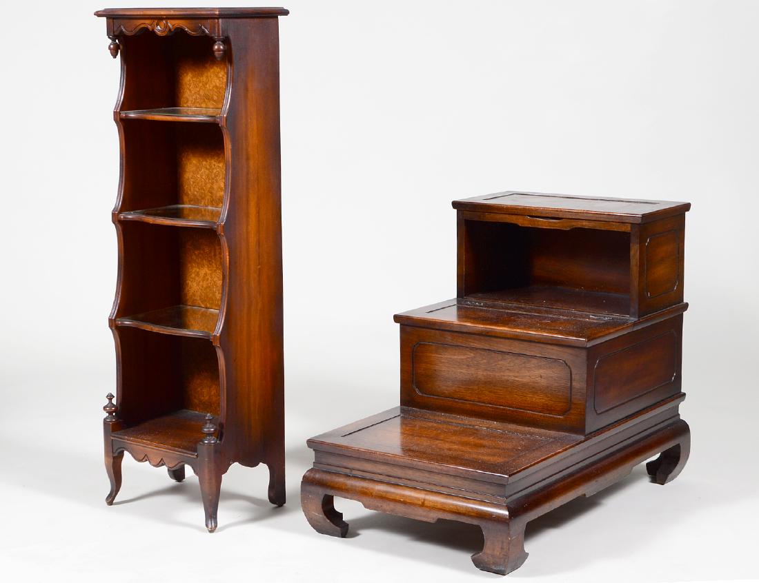 ENGLISH MAGOGANY BEDSTEPS & MAHOGANY BOOK SHELF: The first with three steps, the middle with a hinged top and interior well, on a Chinese style base; the second slightly stepped back, with mirror mounted shelves. (2) Height of bookcase 42”. He
