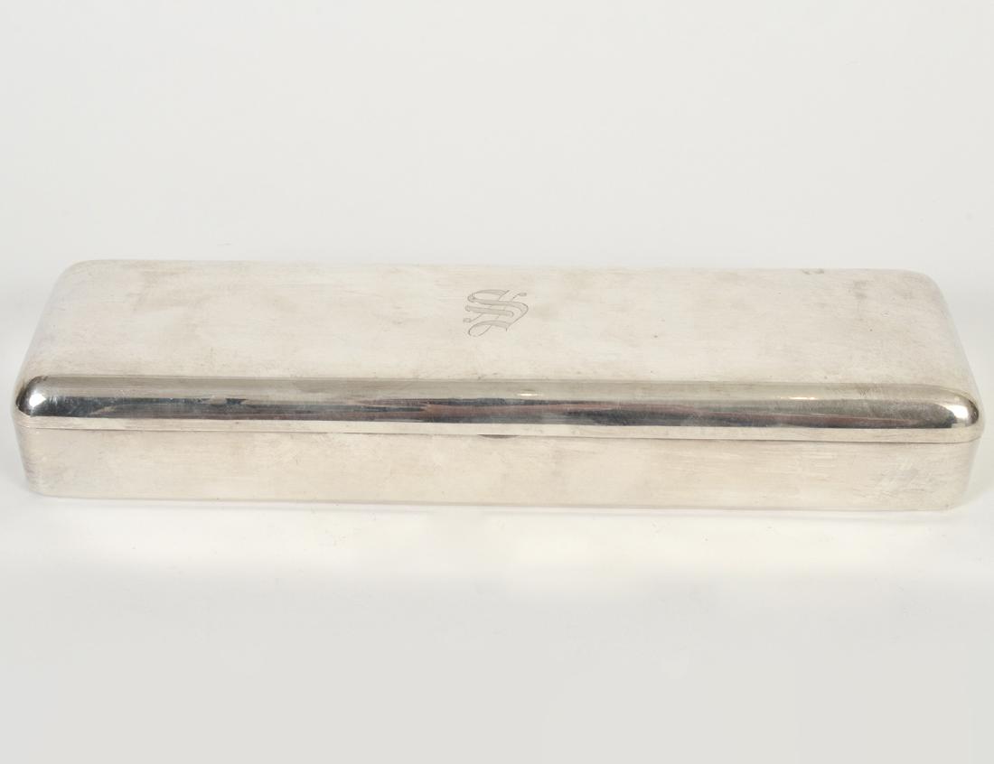REED & BARTON STERLING SILVER DRERSSING BOX: 20th Century. Rectangular, monogrammed with an S. Length 10 ¼”.