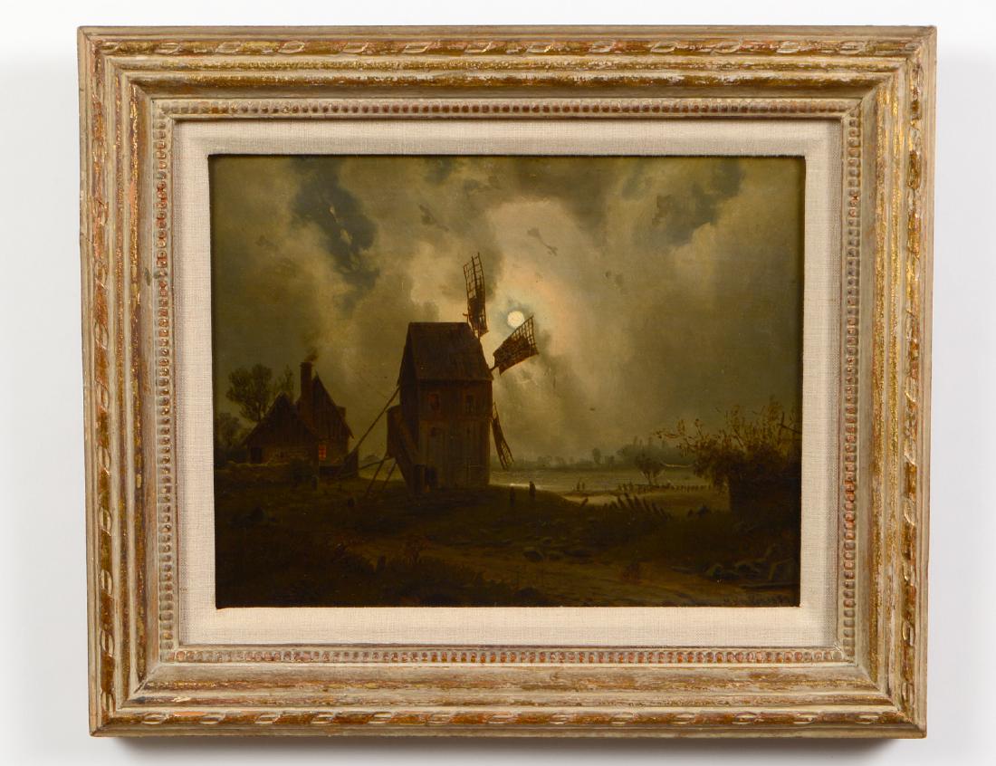 M. HECKER (European School. 19th Century): “Dutch Nocturnal Landscape with Windmill”. Signed M. Hecker and dated 1883. The reverse with two red wax seals, paper label # 38. Oil on Board. Measuring 13” by 10”, 14 ¾&