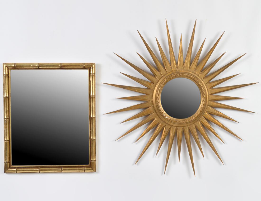 TWO SMALL GILTWOOD MIRRORS: The first in the form of a sunburst; the second, rectangular with gilt bamboo-carved frame. Diameter of sunburst 27 ½”. (Cond: good)