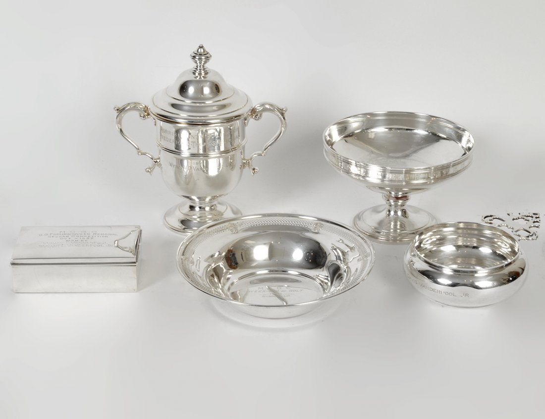 GROUP OF FIVE STERLING SILVER OBJECTS: Including: Black, Starr, and Gorham Lidded Trophy Cup, height 8 1/2" (20.96 Troy oz.); Tiffany & Co. Footed Bowl, height 4 1/4" (18.8 Troy oz.); Shreve, Crump, and Low Porringer, height 2". width 7 1/