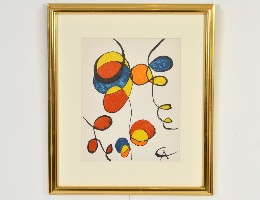 COLOR LITHOGRAPH AFTER ALEXANDER CALDER: "Untitled". Printed signature. Sight measuring 14 1/4" by 11 1/4". In a 22 kt. gold leaf frame behind Plexi-glas.