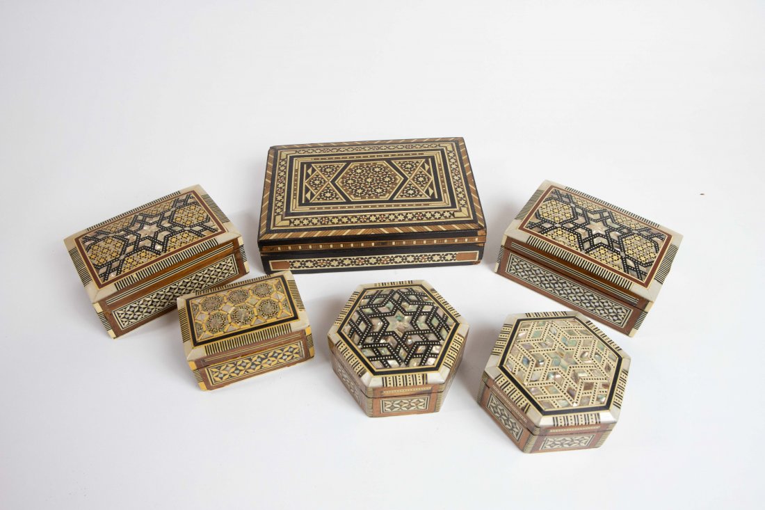 SIX SYRIAN / MOROCCAN VARIOUS WOOD INLAID BOXES (1 of 7)