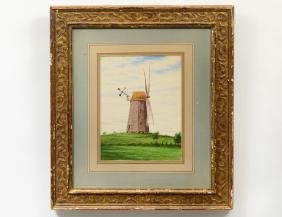 HENRY FARRER (American. 1843-1903): The Windmill. No visible signature. Watercolor on Paper. Measuring 10 by 7 in. Gesso gilded frame under glass. (Cond: good)