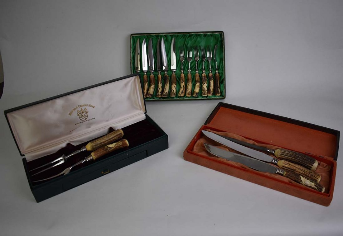 ANTIQUE SHEFFIELD ANTLER CARVING SETS (1 of 7)