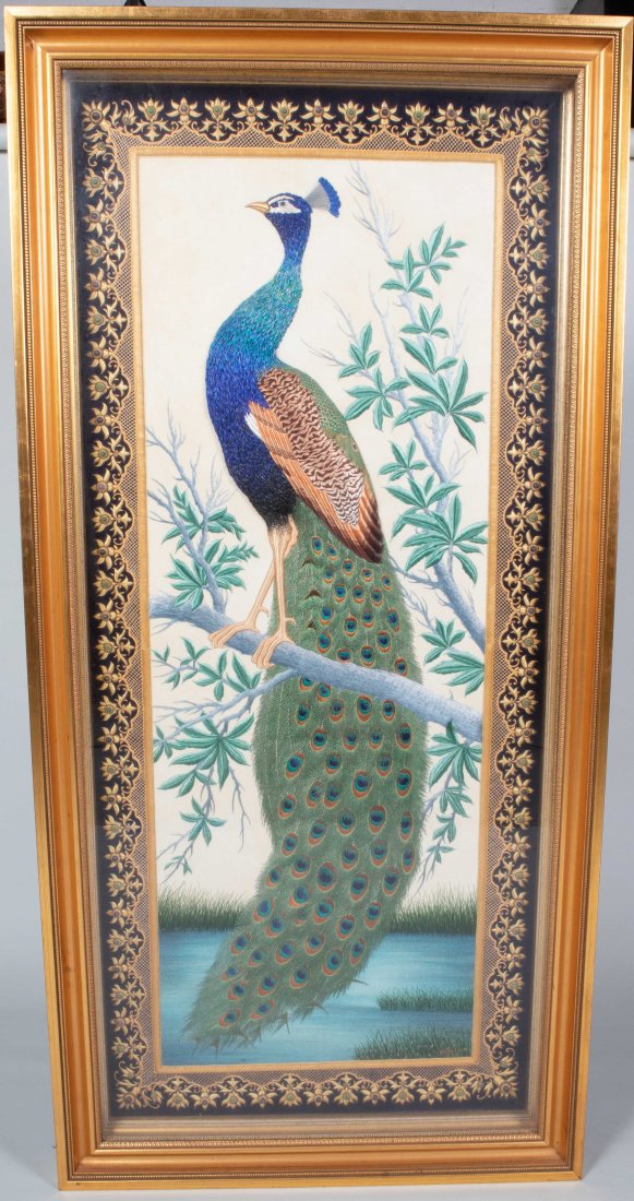 ASIAN EMBROIDERED STUMPWORK PEACOCK PANEL (1 of 3)