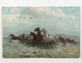 JONAS VISKI (Hungarian. 1891-1961/1965): “The Stampede”. Signed l/r. Oil on Canvas. Measuring 23 1/2 by 36 in. Unframed. (Cond: good)Provenance: Carel Gallery. Miami Beach, FL