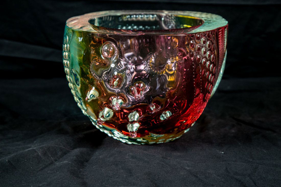 LEON APPLEBAUM (American. b. 1945) STUDIO GLASS: Textured Bowl. Etched signature on underside. with various exterior molded and blown motifs. Height 6 in. Width 9 ½ in. (Cond: good)