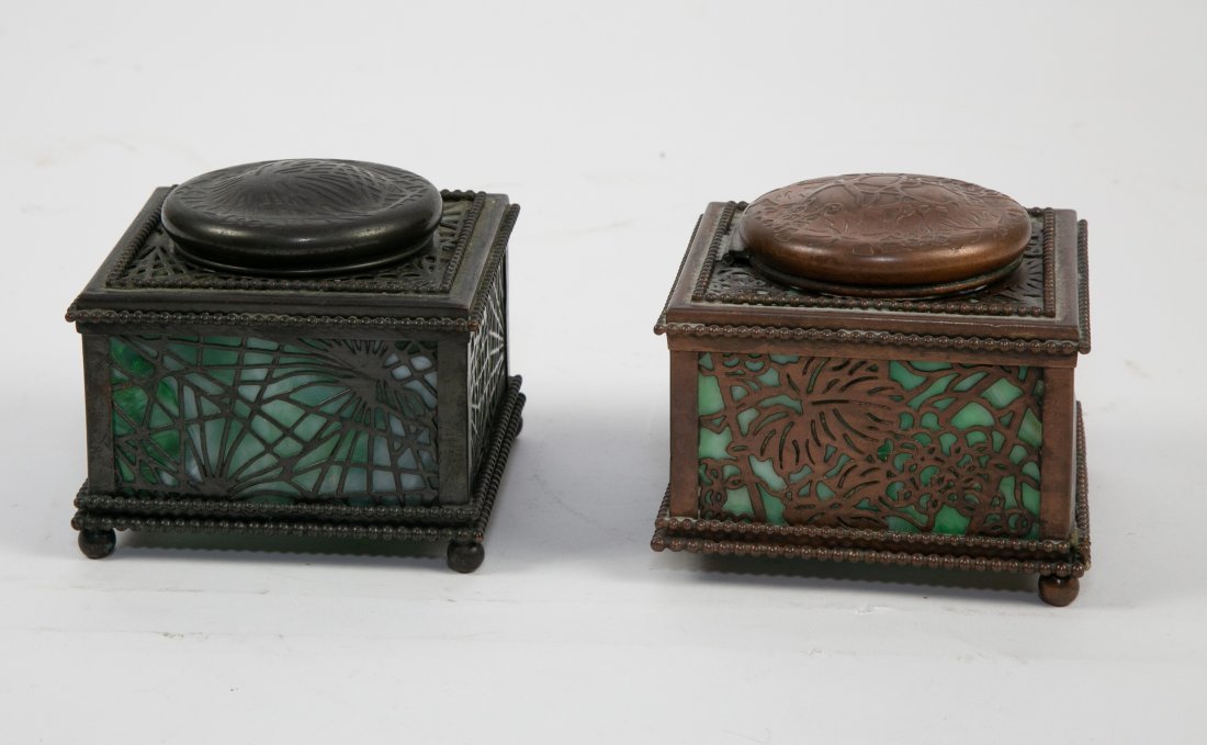 TWO TIFFANY STUDIOS GREEN SLAG GLASS INKWELLS (1 of 3)