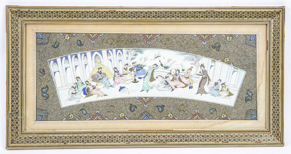 PERSIAN ANTIQUE PAINTING ON BONE: Depicting a scene with ladies in a garden setting playing music. Inset into a Moroccan style inlaid frame and decorated mat. Painting measures-5 in. high. 18 in. wide. Good condition with some chips a