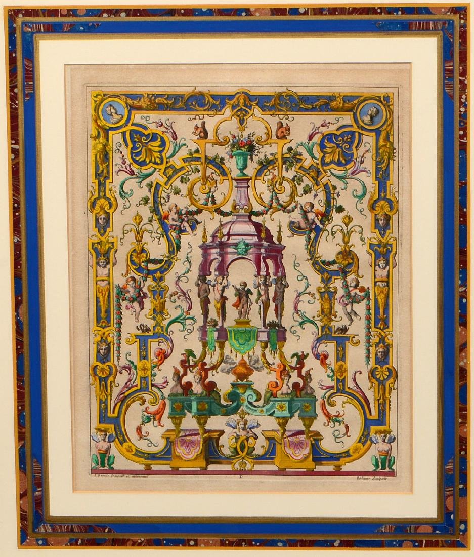 AFTER JEAN BERAIN (French. 1640-1711): Arabesques & Grotesques. Published 1700. Engraved by M. Daigremont and Juan Dolivar. Later hand colored. Pair of Copper Engravings. Measuring 13" by 10", overall 24" by 21". Later hand colored. One wi
