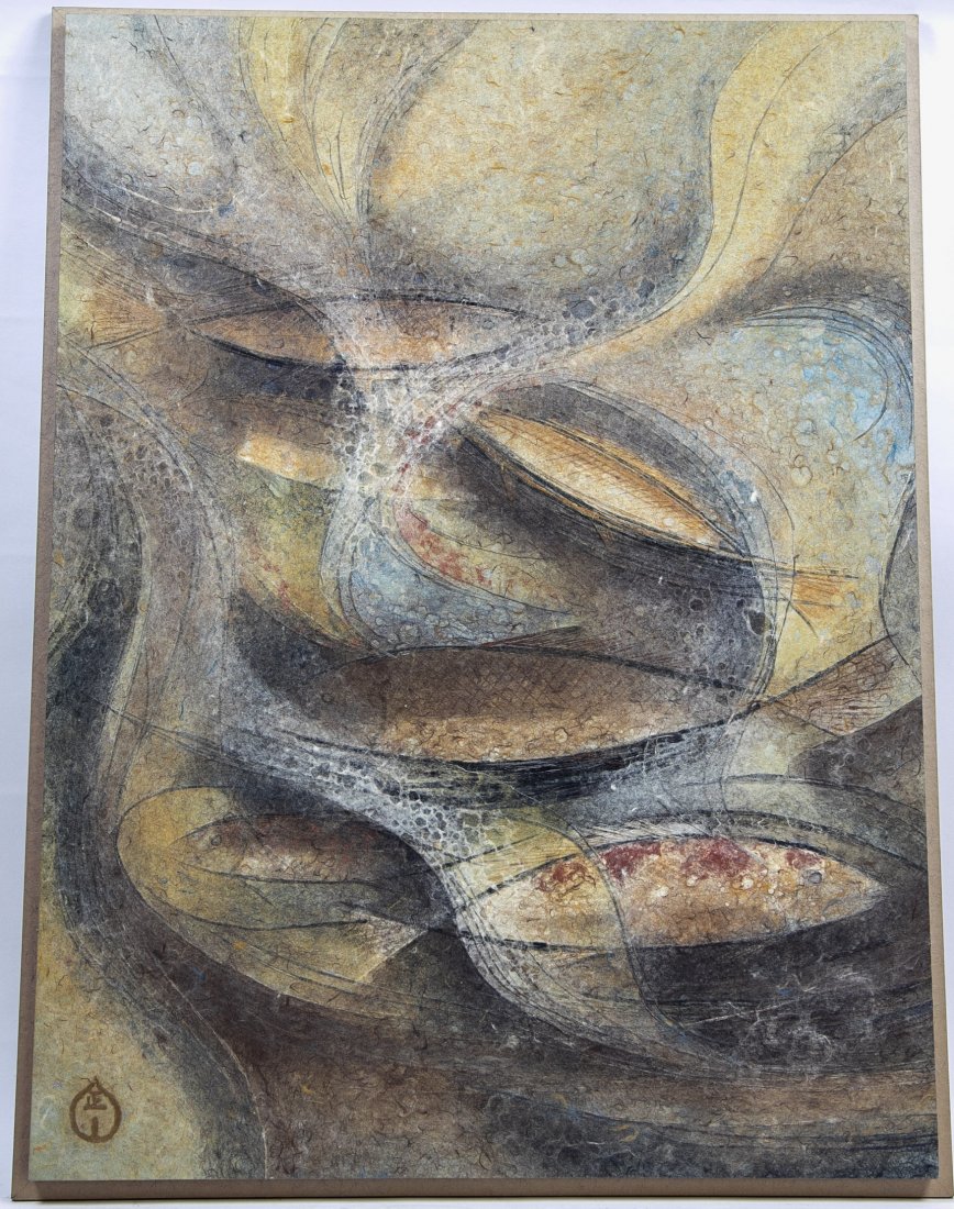 MASAYOSHI KASUGAI (Japanese. b. 1921): Gift From The Sea. Artist monogram lower left. Also with E. Mecklenberg & Co., Tokyo, Japan label on the reverse.Painted Paper Composition. Measuring 34.5 by 26 in., overall 36 by 27 in.