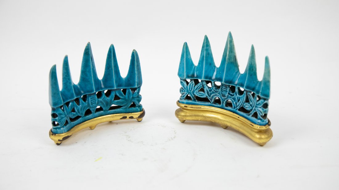 PAIR OF CHINESE TURQUOISE GLAZED BRUSH RESTS: Each with five peaks, on gilt wood stands. Height 3.25 in. Width 4 in. (Cond. one w/ a repair lower left.)