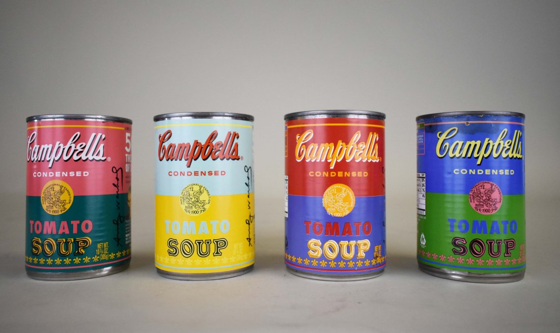 ANDY WARHOL (American 1928-1987) FOUR CAMPBELS SOUP CAN: Circa 2012, 5 Years The Art of Soup, Ltd. Edition to mark the 50th Anniversary of Andy Warhola’s 1962 iconic silk-screen,32 Campbell’s Soup Cans, label with printed signature. Comprised of various