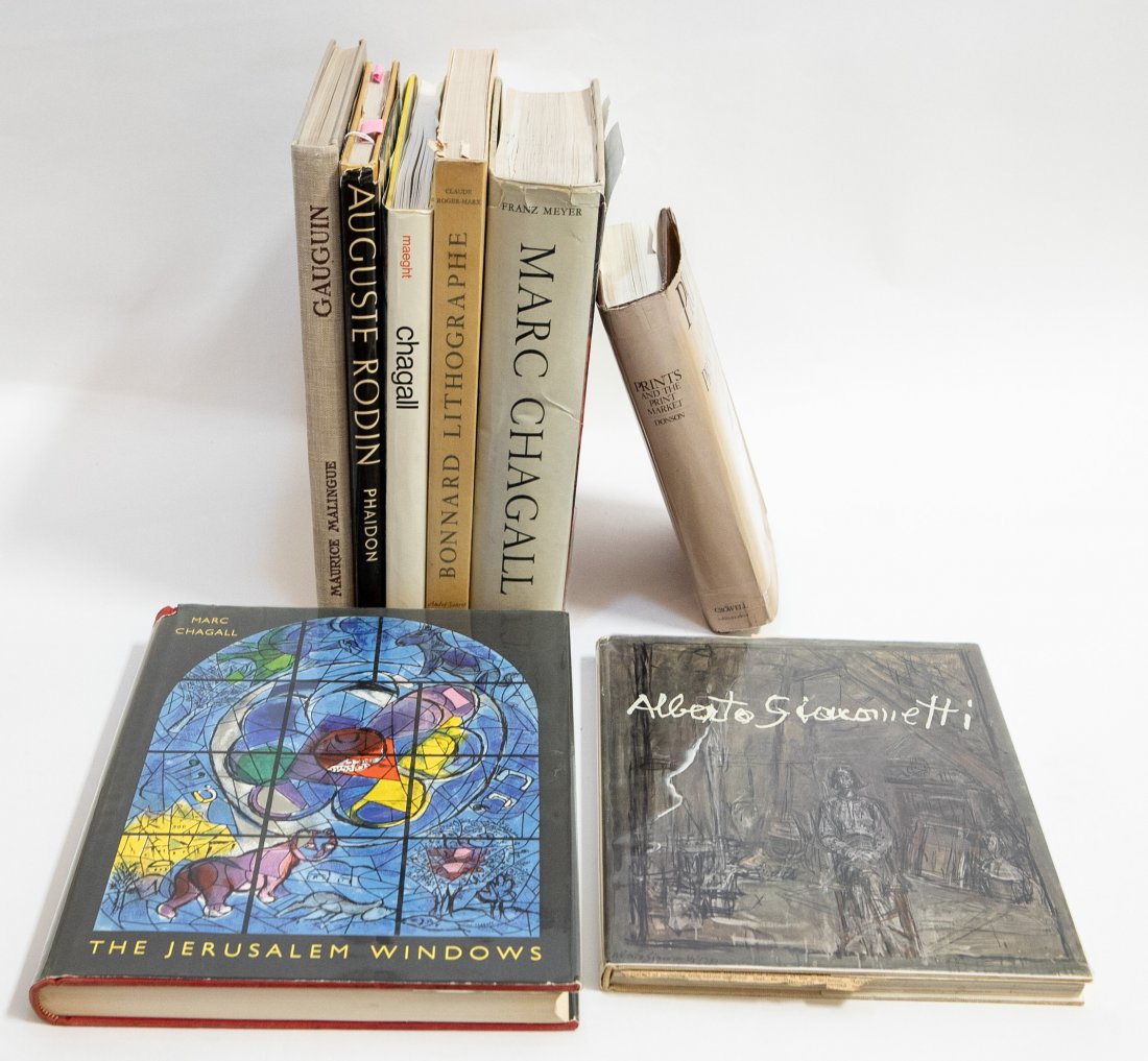 SEVEN VARIED BOOKS RELATING TO MODERN ART: Including: “The Jerusalem Windows”, “Bonnard Lithographe”, “Marc Chagall”, “Galerie Maeght”, a book on Rodin, another on Chagall, one on Gauguin, and a book on prints. (Cond: good used