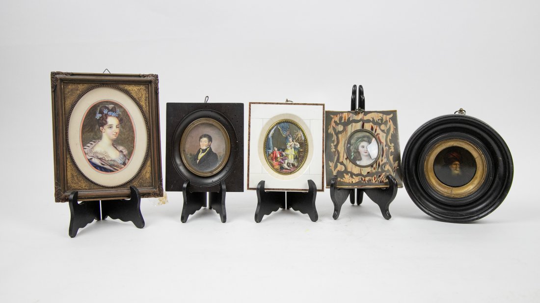 COLLECTION OF FIVE PAINTED PORTRAIT MINIATURES: 19th/20th Century. Comprising: an American/English portrait of a young man, circa 1830, another after Rembrandt, portrait of a Turk, a French Rococo style example painted depicting lovers in a drawing