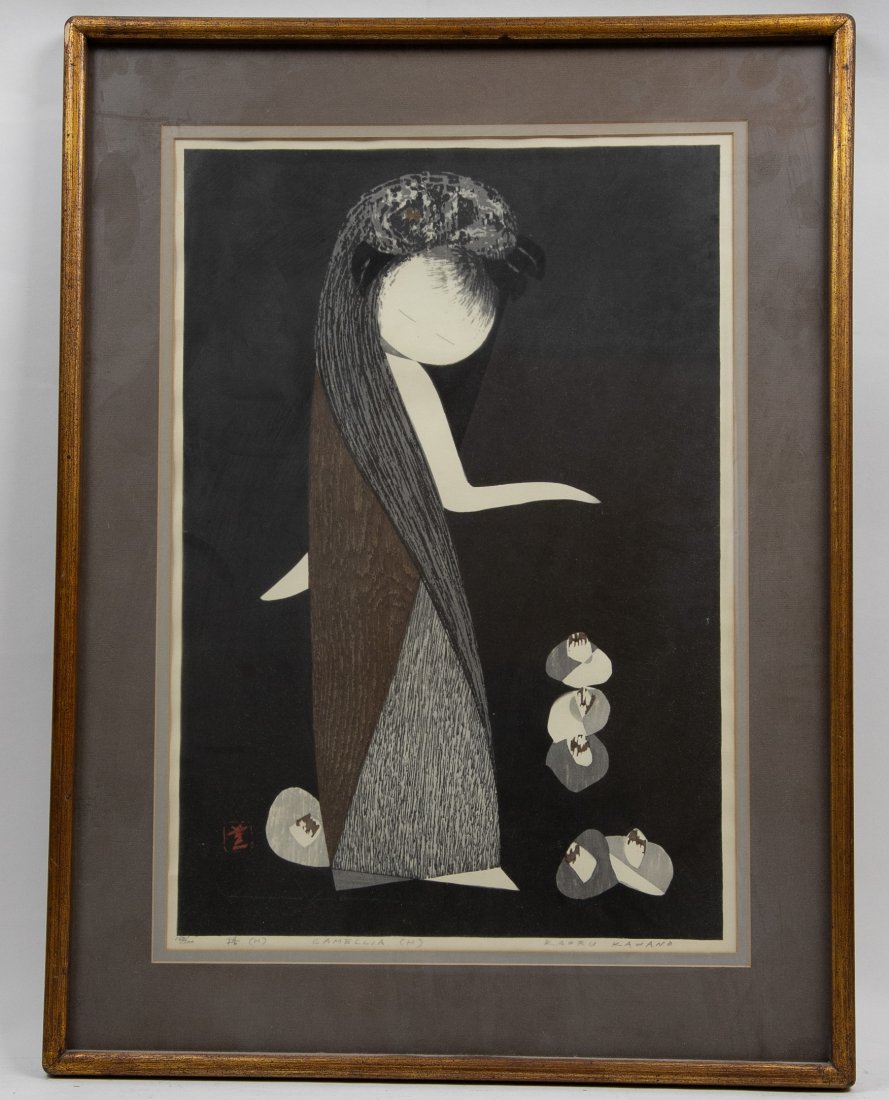 KAORU KAWANO (Japanese. 1916-1965): Camellia. Signed, numbered in both Japanese/English 168/300, the reverse with artist’s label.Lithograph. Site measuring 22 .5 by 15 in., overall 29.5 by 22 in.