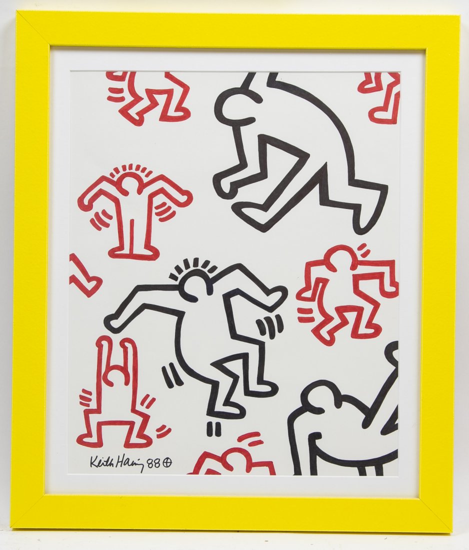 KEITH HARING (American. 1958-1990): Attributed to. Untitled, 1988. Signed, dated 88.Black, Red Ink on Paper. Measuring 16.5 by 13.5 in. (Cond: appears good). The lot is accompanied by a letter from the Administration of The Estate of Ke
