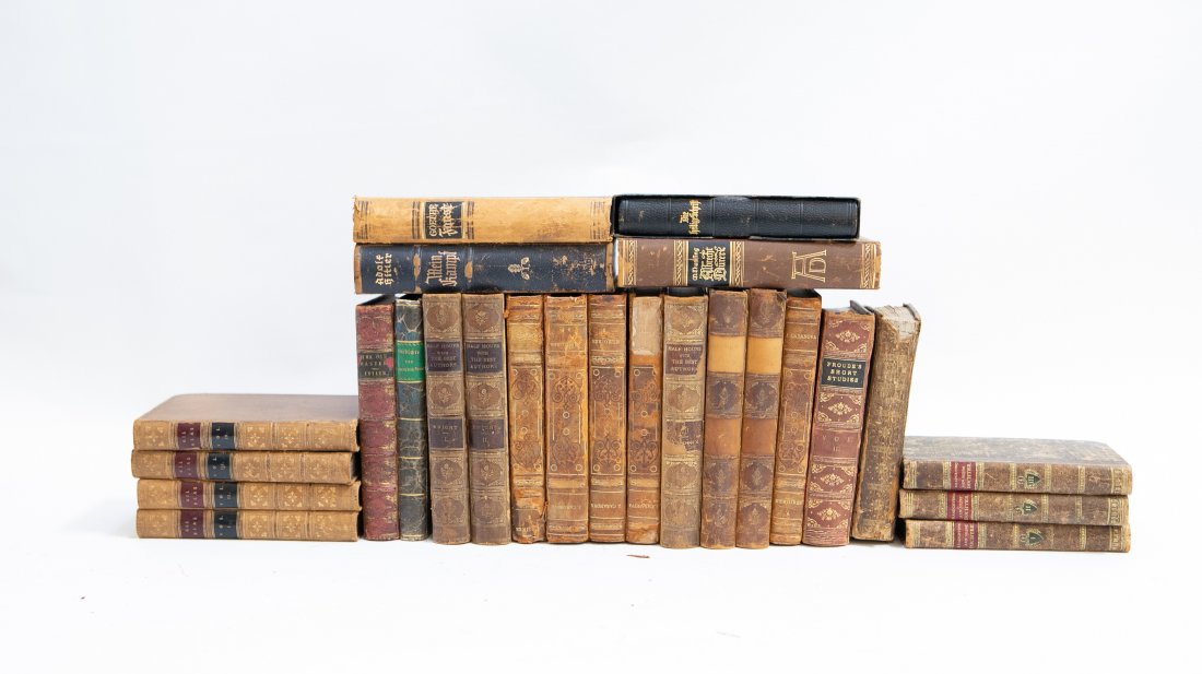 TWENTY-SIX VARIOUS SUBJECT LEATHER-BOUND BOOKS: TWENTY-SIX VARIOUS SUBJECT LEATHER-BOUND BOOKS19th / 20th Century. Including a biography of Albrecht Durer, Gil Blas, 4 vols., Goethe’s Faust, Mein Kamph, and The Art of Cookery with others. (Cond. 