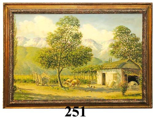 A. Lobos Oil: Alberto Lobos (Chilean, 20th Century), "Mountain Farm Landscape", oil on canvas, signed lower right, Measures 26 inches high, 36 inches wide, Framed, Good Condition, Will Not Ship This Item Due To Its