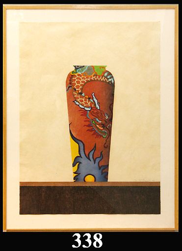 Ed Bayard Signed Lithograph: Ed Baynard (American, b. 1940), "Chinese Vase", 27 Color Woodblock Print, signed, dated 1980, and numbered 42/70 in the lower right of the image, Sheet Measures 41 inches high, 29 inches wide, Wood Fr
